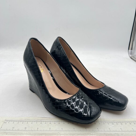 YDN Black Braid Pumps Wedge High Heels Square Toe Slip On Shoes Dressy Prom - Picture 4 of 8